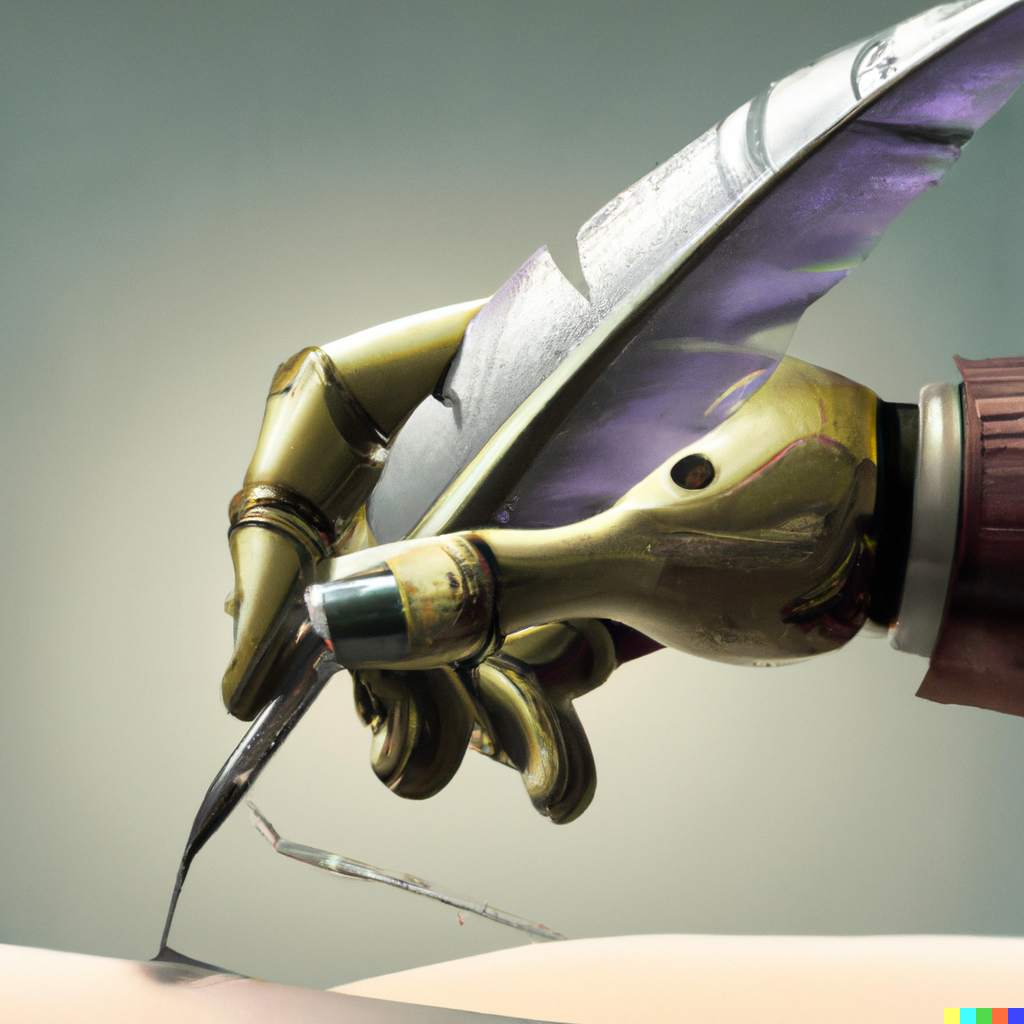 A quill held by a robot hand writing on infinitely long parchment, surrealist painting. Generated with DALL-E 2.